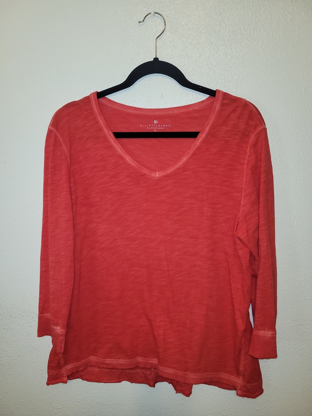 Elliott Lauren V Neck Slub Cotton Top Small Coral Red 3/4 Sleeve